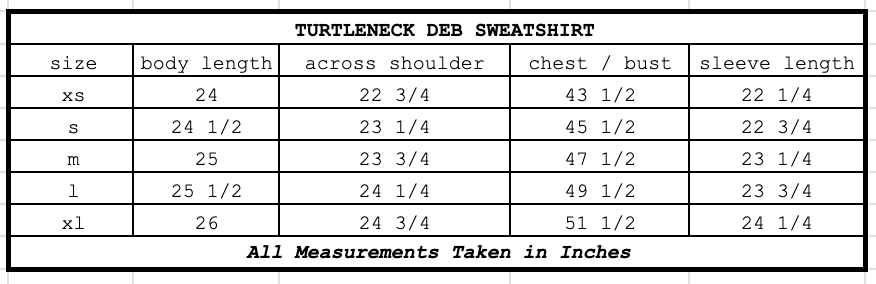 Size chart for Turtleneck Deb Sweatshirt Yukon Gold