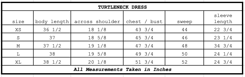 Size chart for Turtleneck Dress Amaro