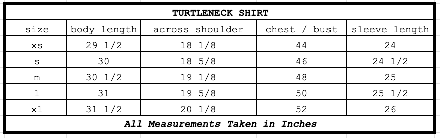 Size chart for Turtleneck Shirt Lemonade