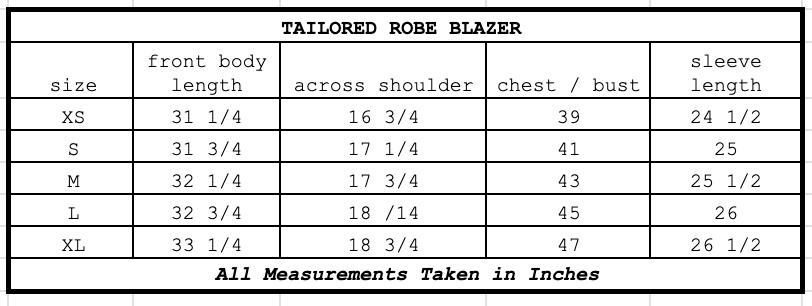 Size chart for Tailored Robe Blazer Ebony
