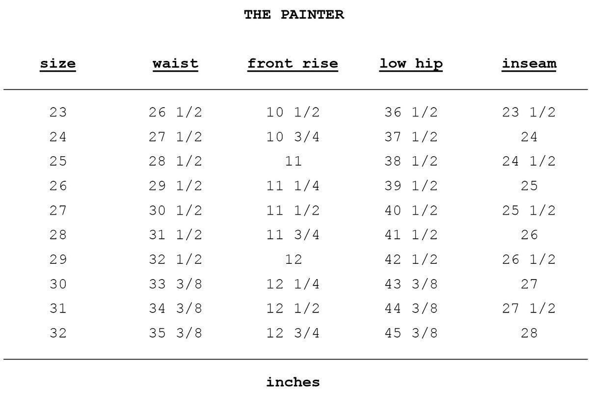 Size chart for Painter Jean in Chalk