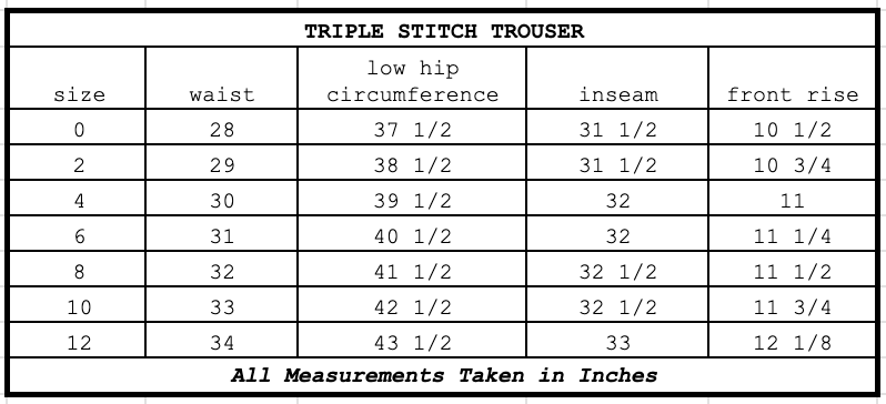 Size chart for Triple Stitch Trouser Ebony Stripe