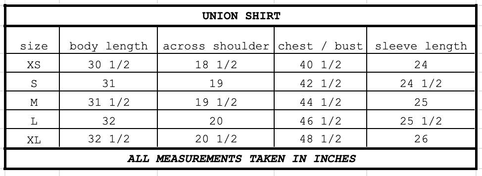 Size chart for Union Shirt Blonde Stripe