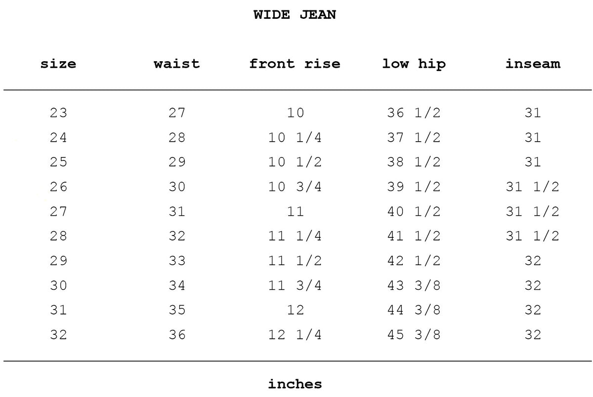 Size chart for Wide Jean Orchid