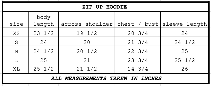 Size chart for Zip Up Hoodie Blonde