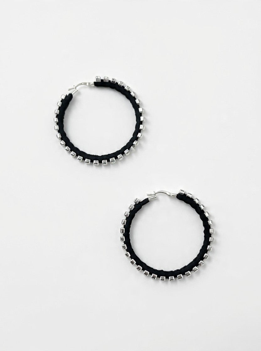 6397 x Alyssa Norton Large Hoops with Black Silk and Rhinestones