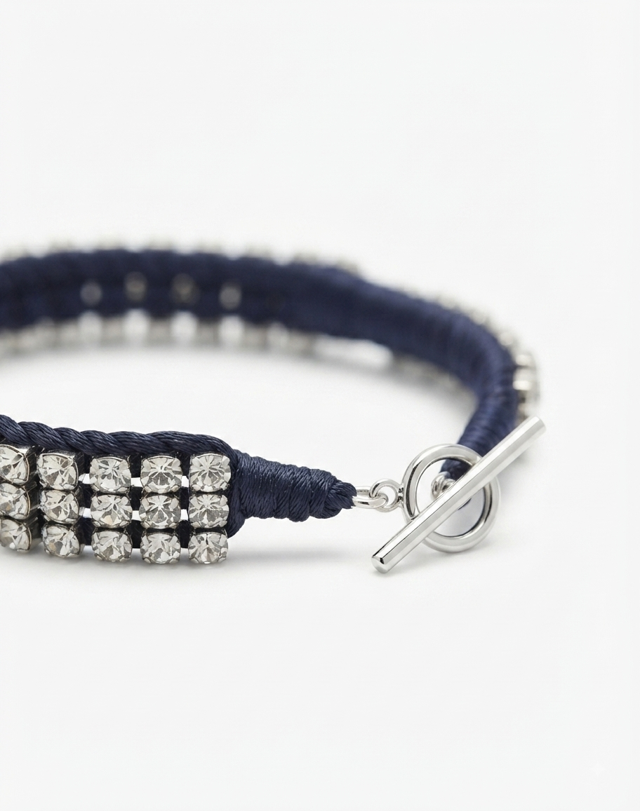 Alyssa Norton One-of-a-Kind Navy Blue Silk and Vintage Rhinestones Bracelet