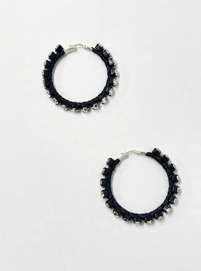 6397 x Alyssa Norton Large Hoops with Dark Gray Silk and Rhinestones