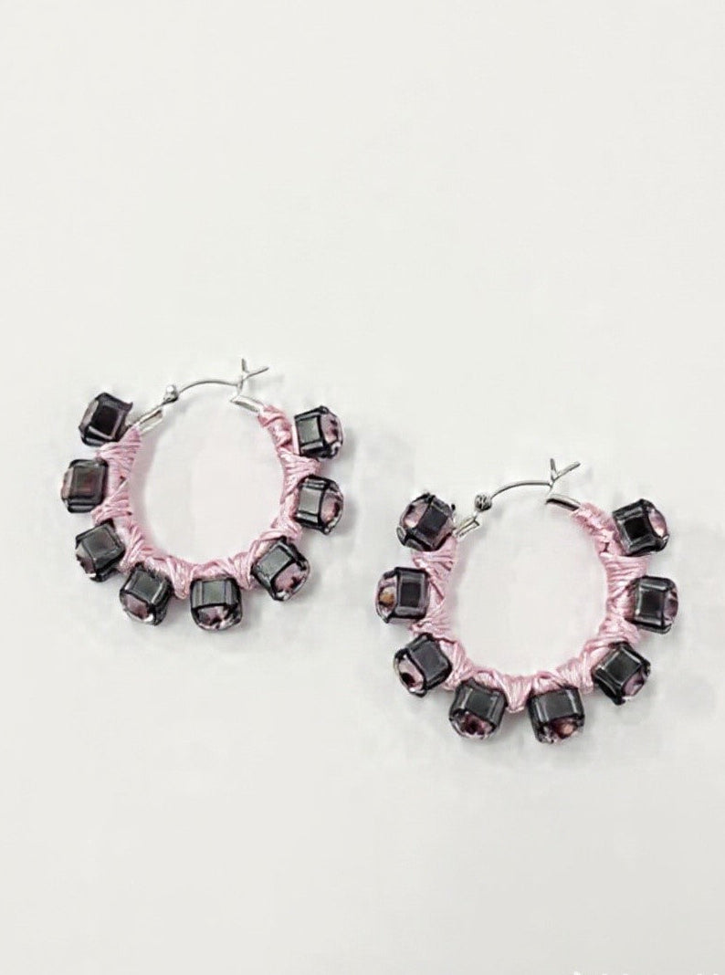 6397 x Alyssa Norton Medium Hoops with Pink Silk and Rhinestones