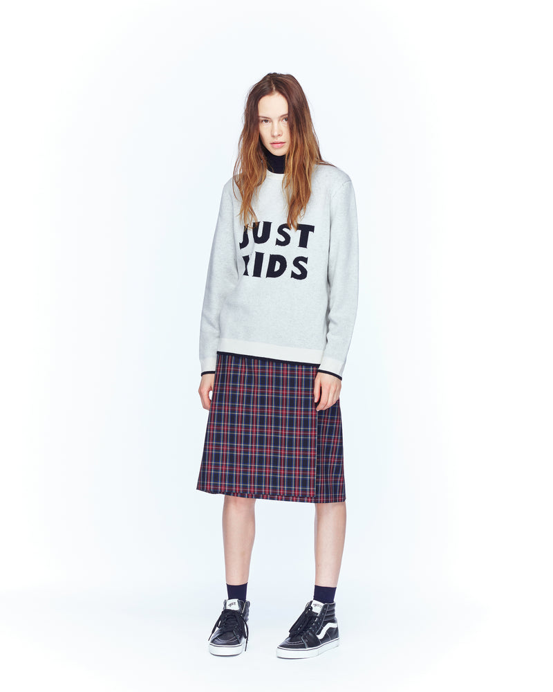 link-kids-crewneck-sweater-in-white-black  Kids Crew - White/Black, Wrap Skirt - Stewart Plaid