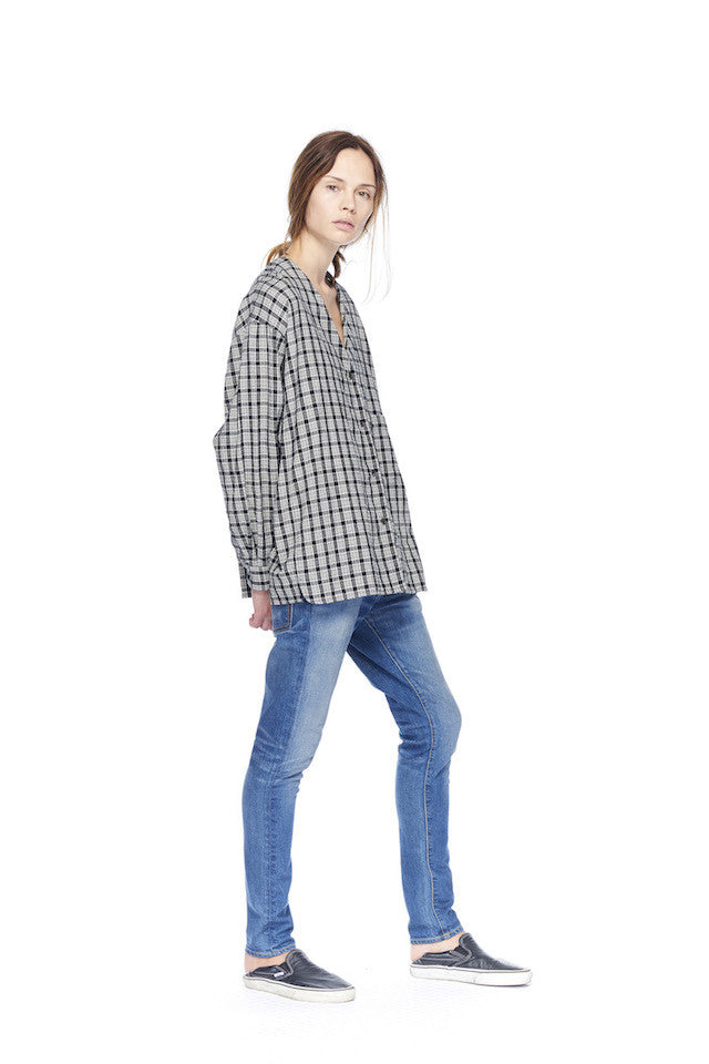 NT201 Collarless Shirt- Black/White plaid -NP077 Boy Jean- Classic Vintage